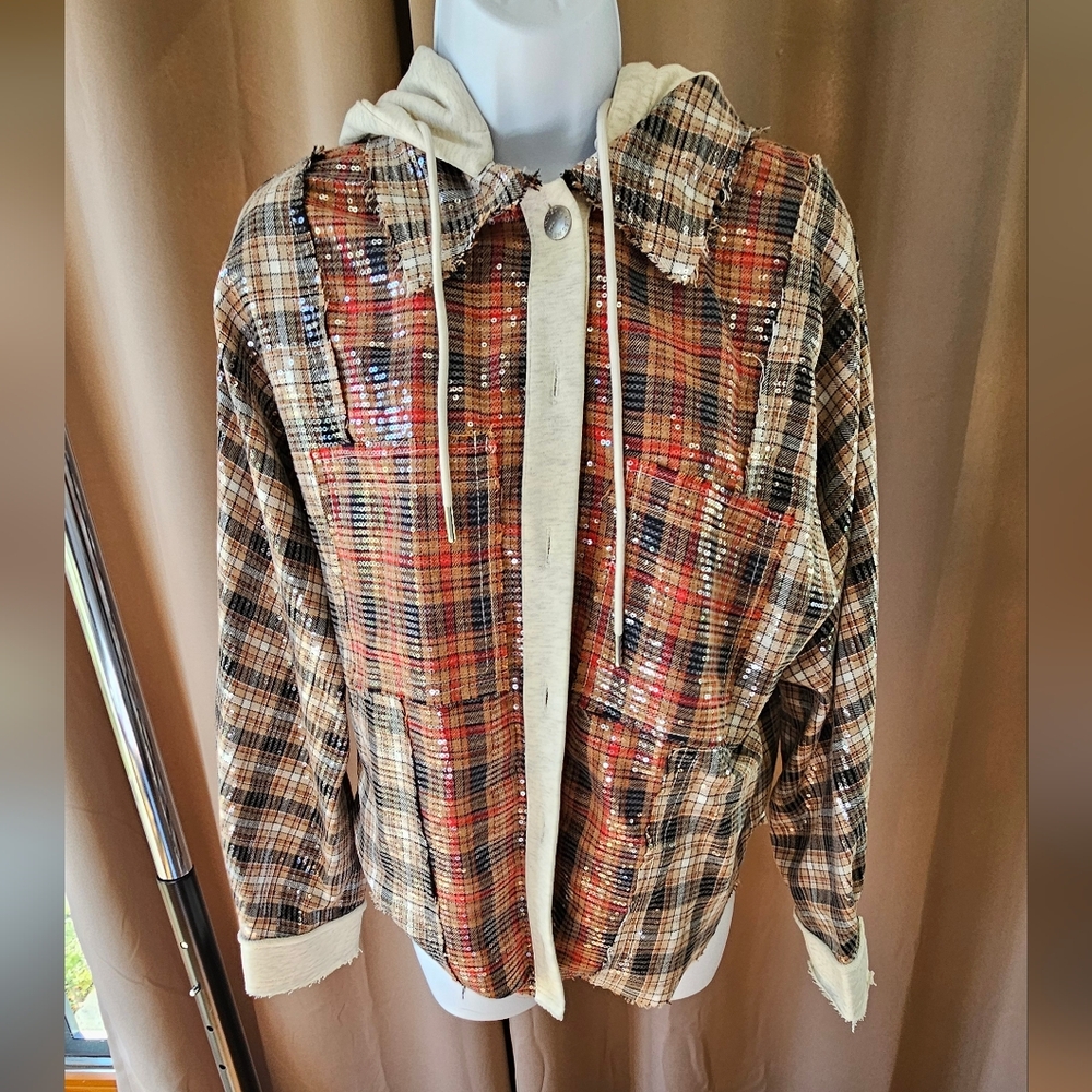 NWOT Miss Me Cream Hooded Plaid-Lined Jacket
